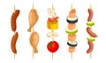 Meat Slabs and Sliced Vegetables on Skewers or Wooden Sticks Cooked on Grill Vector Set