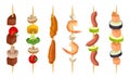 Meat Slabs and Sliced Vegetables on Skewers or Wooden Sticks Cooked on Grill Vector Set
