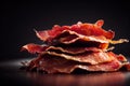 Meat slices in form of fried bacon for hearty rich breakfast