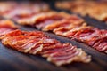 Meat slices in form of fried bacon for hearty rich breakfast