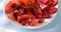 meat slices on a plate. traditional spanish sausage with beef jerky. salchichon, chorizo and prosciutto Royalty Free Stock Photo