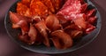 meat slices on a plate. traditional spanish sausage with beef jerky. salchichon, chorizo and prosciutto Royalty Free Stock Photo