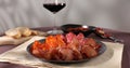 meat slices on a plate. traditional spanish sausage with beef jerky. salchichon, chorizo and prosciutto Royalty Free Stock Photo