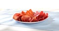 meat slices on a plate. traditional spanish sausage with beef jerky. salchichon, chorizo and prosciutto Royalty Free Stock Photo