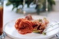 Meat snacks on a plate in a restaurant at a party Royalty Free Stock Photo