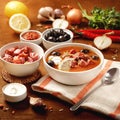 Meat Solyanka soup on with ingridients, sausage, olive,lemon, parsley, garlic, yogurt. Ukrainian food. Wooden background