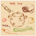 Meat soup sketch and asian cuisine hand drawn vector illustration. Copper pot, beef ribs, spices and vegetables. Design Royalty Free Stock Photo