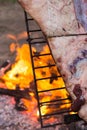 Meat on the spit or asado in the stake. Grill on the coals. Traditional Argentine barbecue Royalty Free Stock Photo