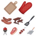 Meat, steak, firewood, grill, table and other accessories for barbecue.BBQ set collection icons in cartoon style vector Royalty Free Stock Photo