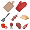 Meat, steak, firewood, grill, table and other accessories for barbecue.BBQ set collection icons in cartoon style vector Royalty Free Stock Photo