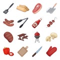 Meat, steak, firewood, grill, table and other accessories for barbecue.BBQ set collection icons in cartoon style vector Royalty Free Stock Photo