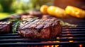 Meat steak and grilled corn. BBQ party in the backyard. Royalty Free Stock Photo