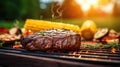 Meat steak and grilled corn. BBQ party in the backyard. Royalty Free Stock Photo