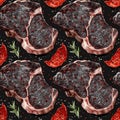 Meat steak pieces with vegetables and peppers on dark background. AI generative illustration