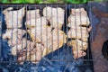 Meat steaks on a grill rack cooking over an open fire