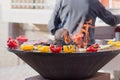 Meat, steaks and sausages with vegetables cooking on grill and smoldering coals. Barbecue Royalty Free Stock Photo