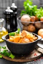 Meat stew with vegetables. Braised meat with cabbage, carrot and potato Royalty Free Stock Photo