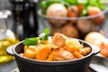 Meat stew with vegetables. Braised meat with cabbage, carrot and potato Royalty Free Stock Photo