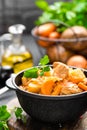 Meat stew with vegetables. Braised meat with cabbage, carrot and potato Royalty Free Stock Photo