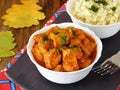 Meat stewed in tomato sauce. Porkolt, Hungarian cuisine meal