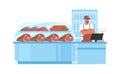 Meat store, farm food market. Supermarket, grocery store meat section. Butchers shop, vector illustration.