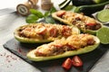 Meat stuffed zucchini boats on slate plate, closeup Royalty Free Stock Photo