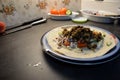 Meat taco dinner plate on kitchen table Royalty Free Stock Photo