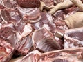 Meat texture chunks arranged in a row in a large in the meat market. Selective focus