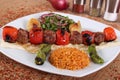 Meat and tomato kebabs with fresh peppercorns and vegetables Royalty Free Stock Photo