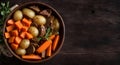 Meat and Vegetable Stew in Pot on Wooden Background, Copy Space Royalty Free Stock Photo