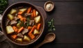Meat and Vegetable Stew in Pot on Wooden Background, Copy Space Royalty Free Stock Photo