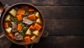 Meat and Vegetable Stew in Pot on Wooden Background, Copy Space Royalty Free Stock Photo