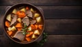 Meat and Vegetable Stew in Pot on Wooden Background, Copy Space Royalty Free Stock Photo