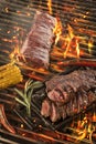 Meat and vegetables char-grilled over flame. B-B-Q Royalty Free Stock Photo