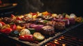 Meat and vegetables cooking on a grill close-up. Generative AI. Royalty Free Stock Photo