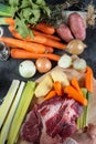 Meat and vegetables for preparation of french pot au feu Royalty Free Stock Photo