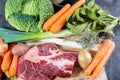 Meat and vegetables for preparation of french pot au feu Royalty Free Stock Photo