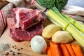 Meat and vegetables for preparation of pot au feu Royalty Free Stock Photo