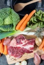 Meat and vegetables for preparation of pot au feu Royalty Free Stock Photo