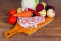 Meat and vegetables set for cooking typical red beet borscht