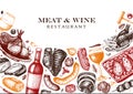 Meat and wine vector design. Hand drawn food and alcohol drinks illustration. Meat restaurant menu template in engraved style.