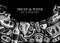 Meat and wine vector design. Hand drawn food and alcoholic drinks illustrations. Meat restaurant menu template in engraved style.