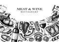 Meat and wine vector design. Hand drawn food and alcoholic drinks illustrations. Meat restaurant menu template in engraved style. Royalty Free Stock Photo