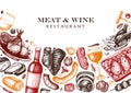 Meat and wine vector design. Hand drawn food and alcoholic drinks illustrations. Meat restaurant menu template in engraved style. Royalty Free Stock Photo