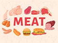 Meat word vector illustration, cartoon various raw or yummy cooked meat food, pork beef steak, chicken thighs and