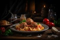 Meatball pasta dish with pasta sauce tomatoes , concept of Italian Cuisine, created with Generative AI technology