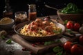 Meatball pasta dish with pasta sauce tomatoes , concept of Italian Cuisine, created with Generative AI technology