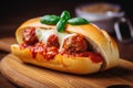 Meatball sandwich with tomato sauce and cheese on wooden table. Ai generative
