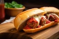 Meatball sandwich with tomato sauce and cheese on wooden table. Ai generative