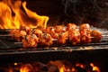 meatball skewers sizzling on a flaming bbq grill